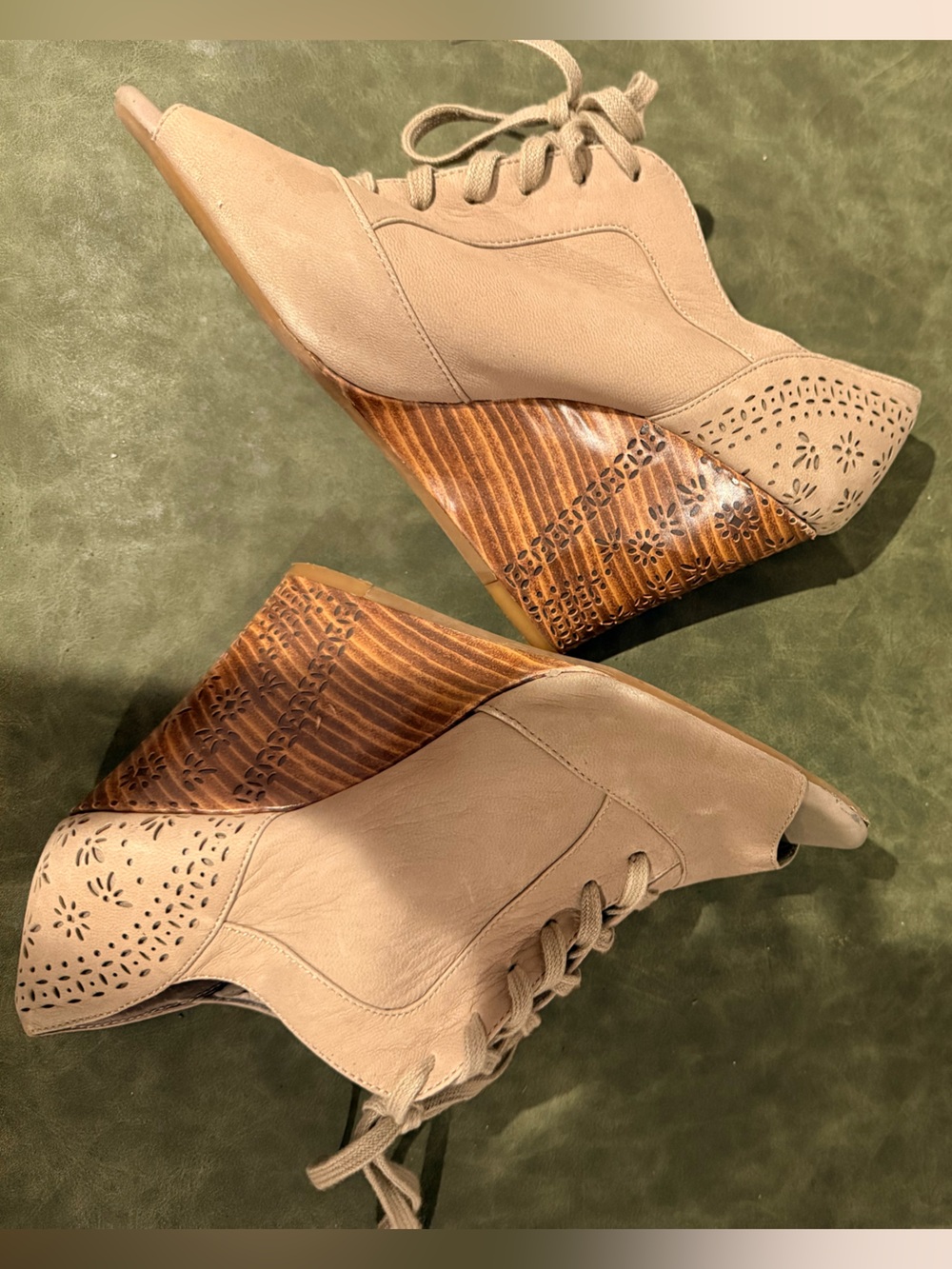 Gianni Bini Taupe Lace-Up Wedge Booties with Wood-Effect Heel